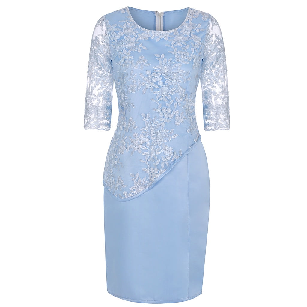 JGGSPWM Women's Lace Overlay Midi Dress 3/4 Sleeves Floral Embroidery Cocktail Evening Dresses Sky Blue 3XL