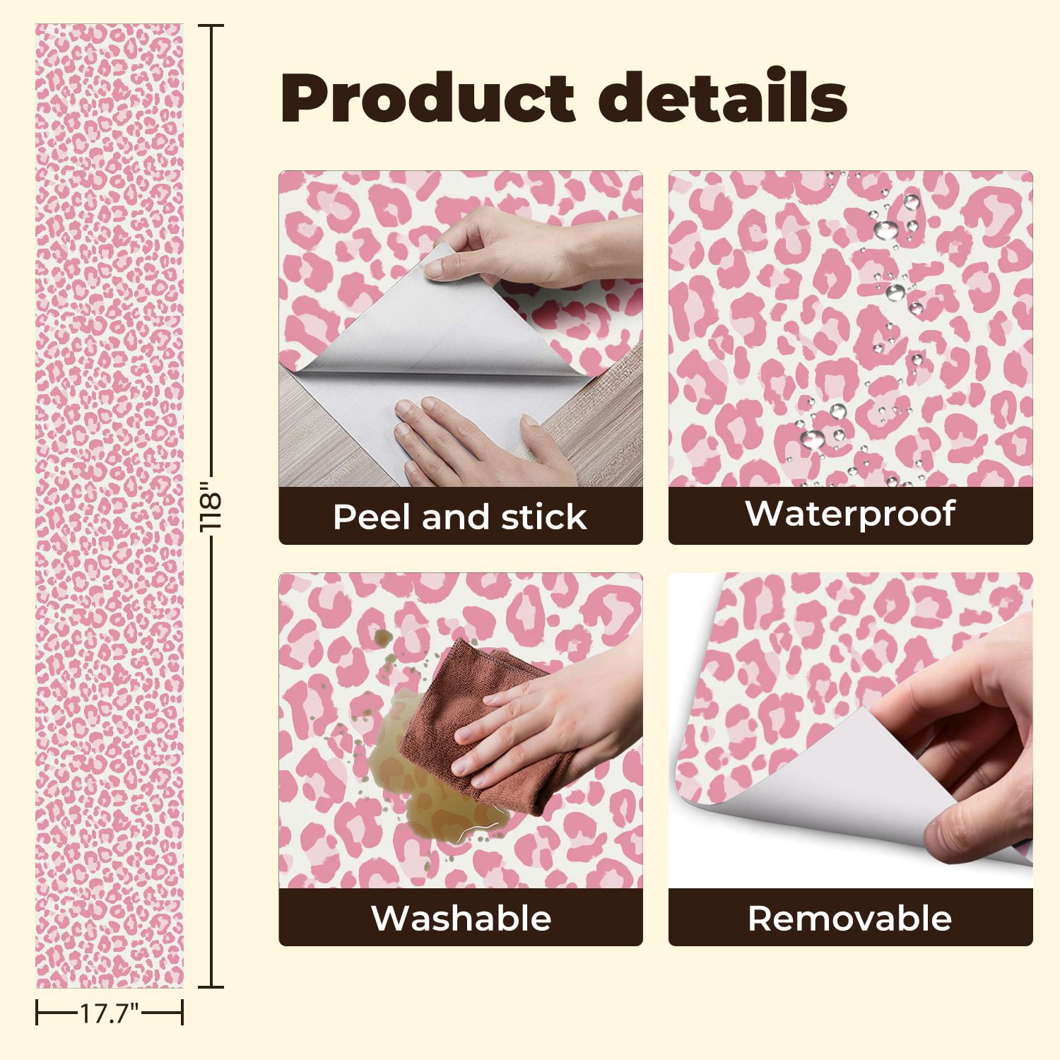 Peel and Stick Wallpaper Pink Leopard Print Soft Pastel Shades Wall Mural 17.7in x 9.8ft Self Adhesive Removable Wall Paper Renter Friendly Wallpaper for Nursery Bedroom Cabinets