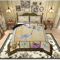 Manfei 3D Dragonfly Queen Comforter Set for Kids, Boho Insect Animal Bedding Sets, Vintage Patchwork Reversible Bedding Comforter Set, Lightweight Room Decor, 3 Pieces