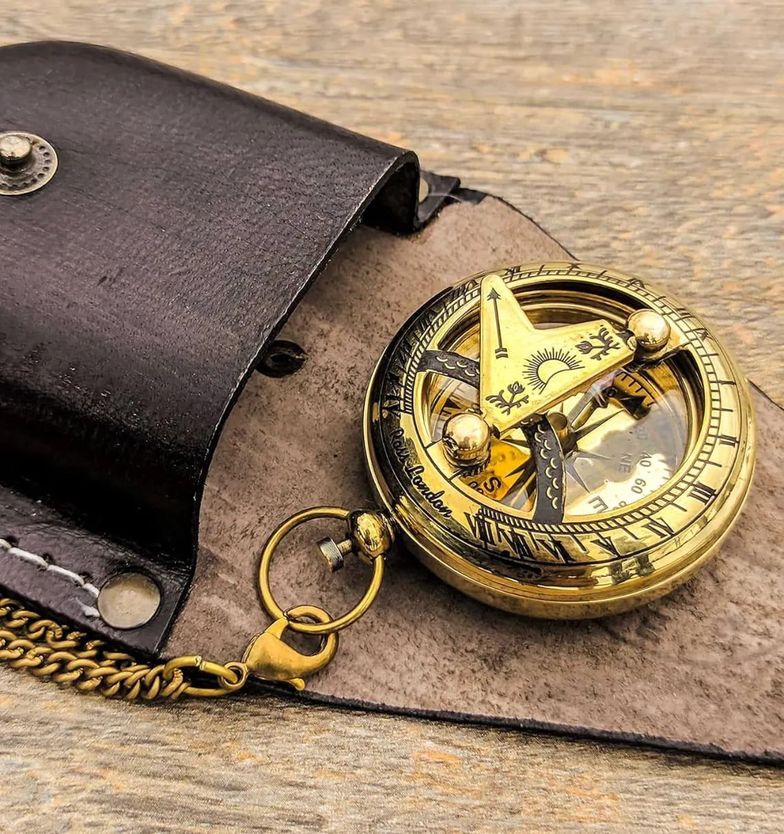 Antique Brass Pocket Compass Vintage Nautical Maritime Gift with Leather Case