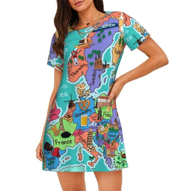 Easygdp Cartoon Map Of Europe Camisón de manga corta para mujer, informal, estampado
