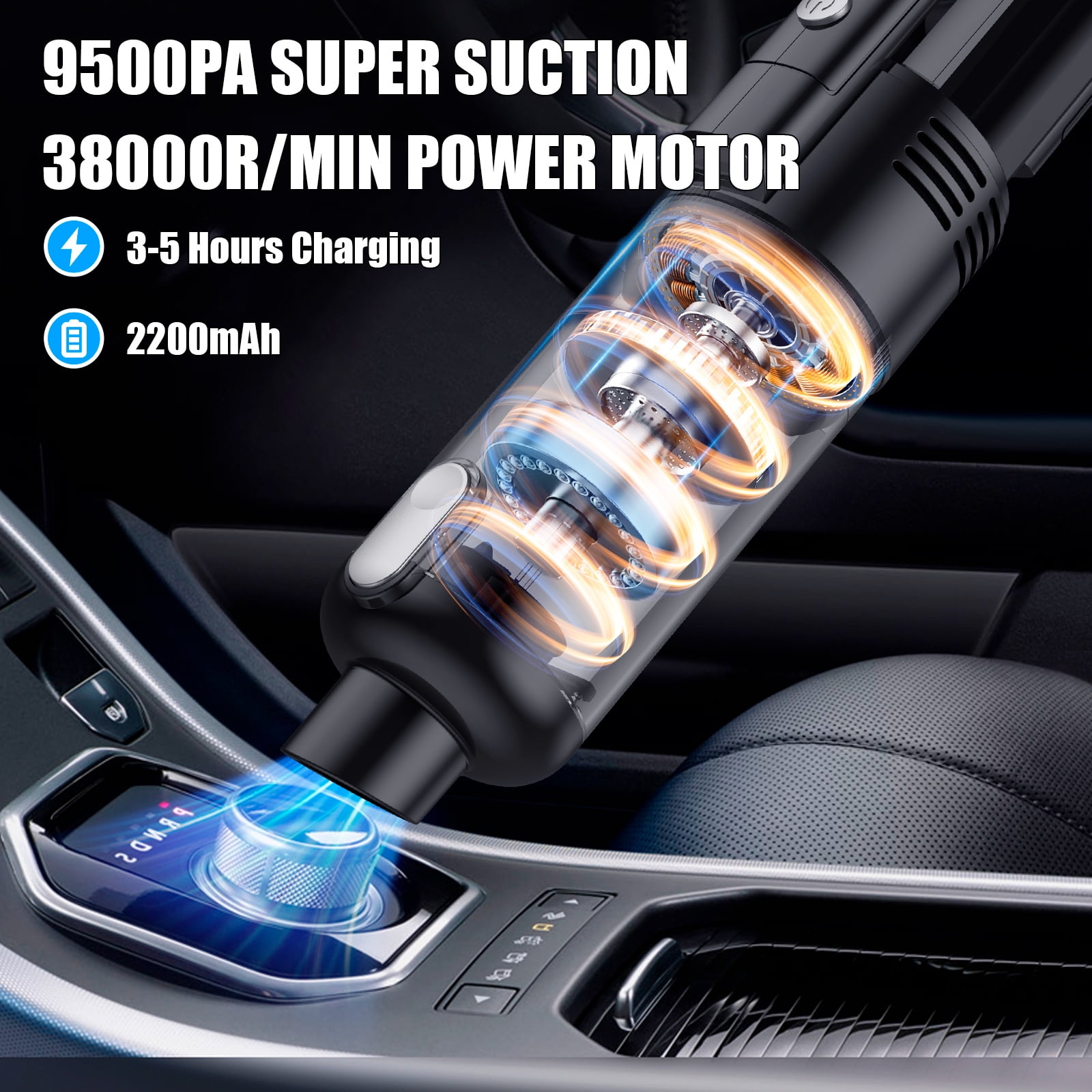 Hioha SV01-Black Cordless Handheld Car Vacuum Cleaner - 9500Pa - LED Display - HEPA Filter - Black