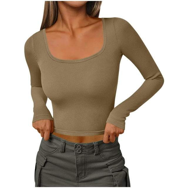 FAIWAD Womens Long Sleeve Shirts Square Neck Ribbed Knit Basic Crop Top Trendy Going Out Outfits