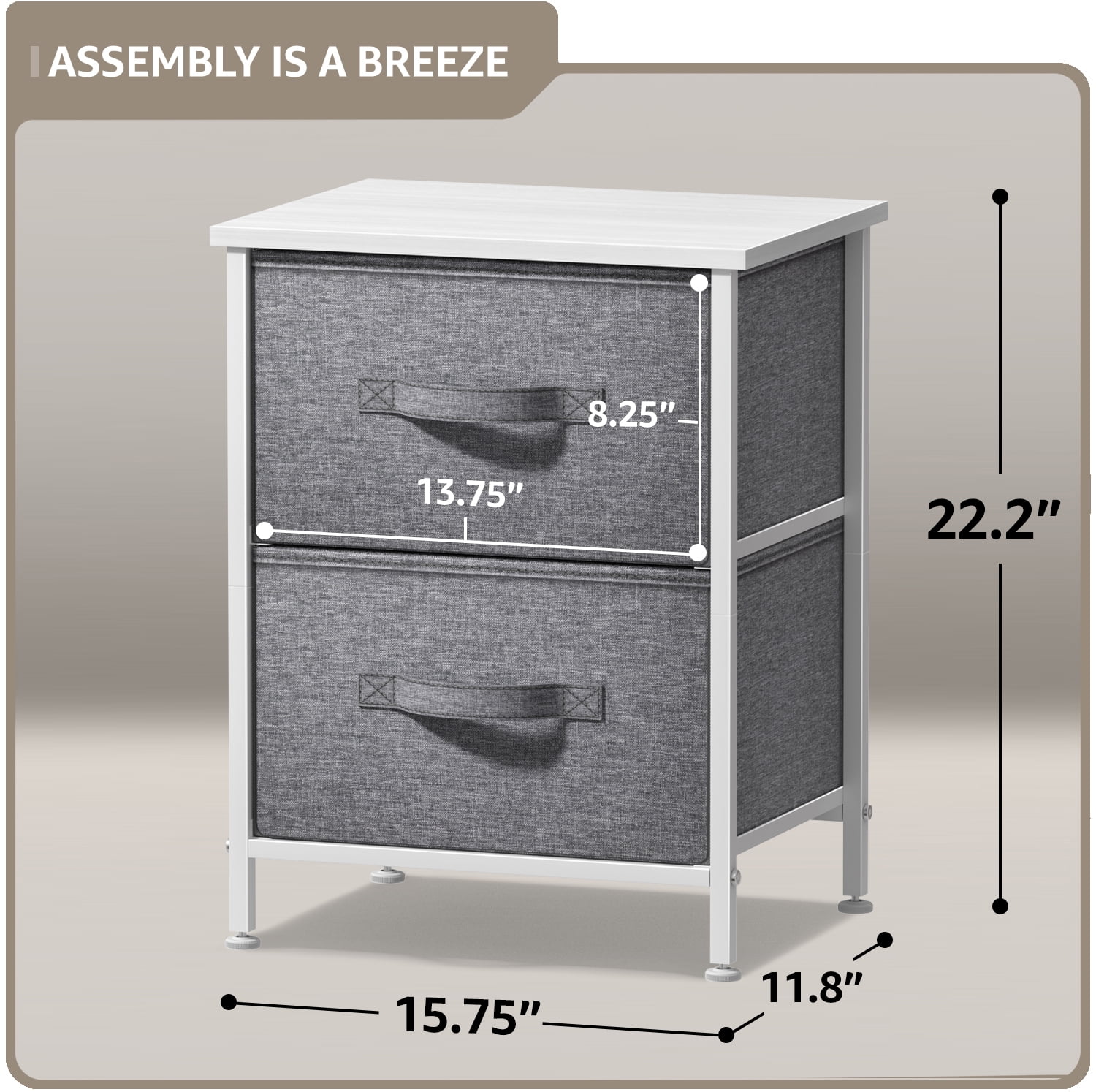 Sorbus Nightstand with 2 Drawers, Steel Frame, Wood Top, Fabric Bins, White/Gray