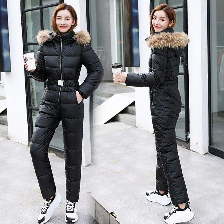 Jtckarpu Onesies Basic Ski Suit Women Plus Size Winter Overalls Snowsuit Warm Faux Fur Turtleneck Hooded Tracksuit Jumpsuits