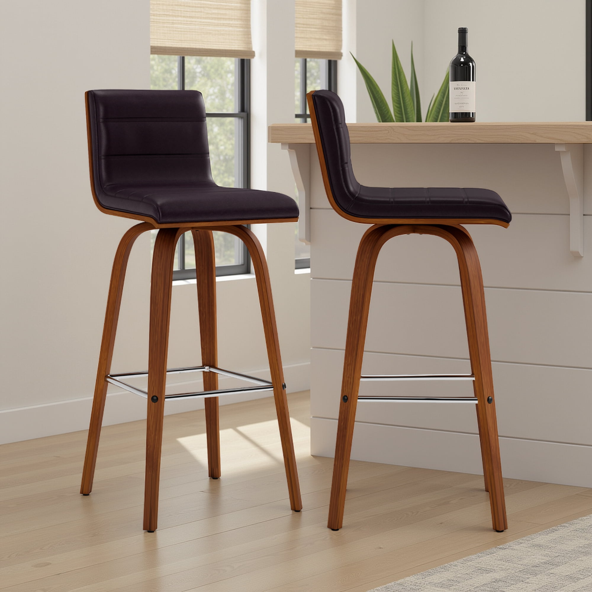 Vienna 30" Swivel Bar Stool in Walnut Wood Finish with Brown Faux Leather - Set of 2