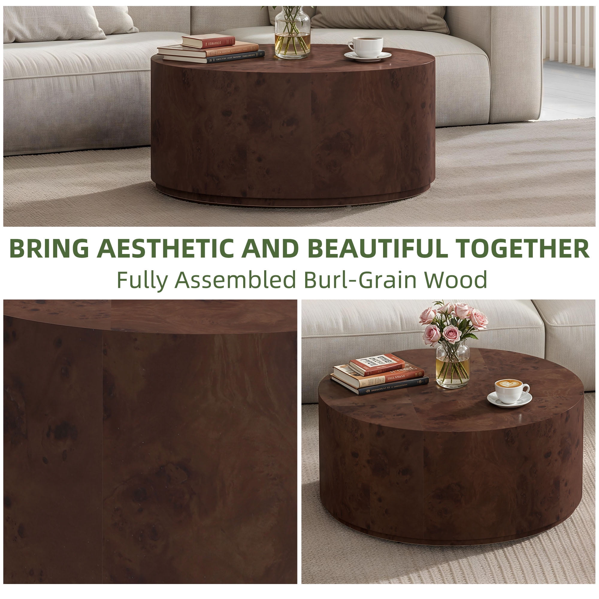 Uforic 16''H Burl Wood Coffee Table, Natural Coffee Side Table For Living Room Bedroom, Brown