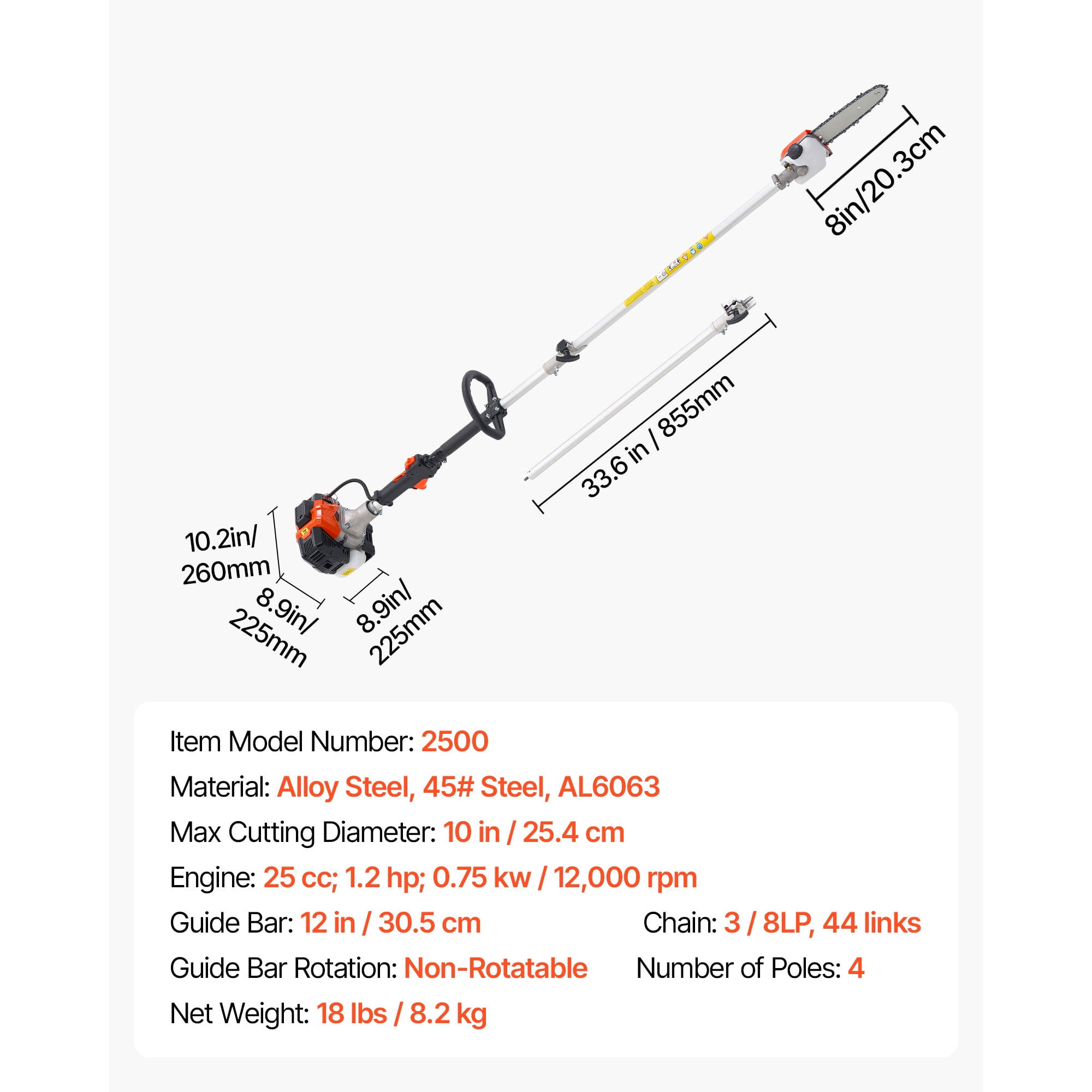 KFFKFF Gas-Powered Pole Saw, 25CC 2-Stroke Engine with 8-Inch Cutting Bar, Cordless Tree Trimmer Featuring 23 fl.oz Fuel Tank, Adjustable Length from 6.5 to 9 ft, Efficient Chainsaw for Pruning