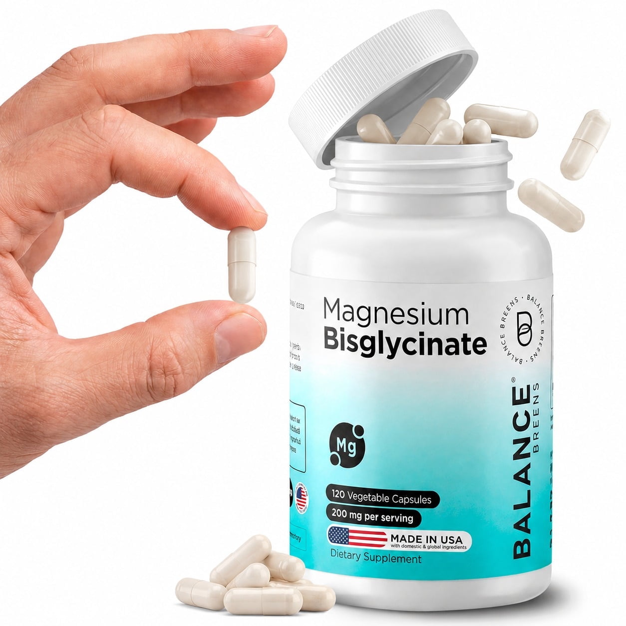 Balance Breens Magnesium Bisglycinate 200mg – Vegan, Non-GMO – Sleep & Muscle Support – 120 Capsules