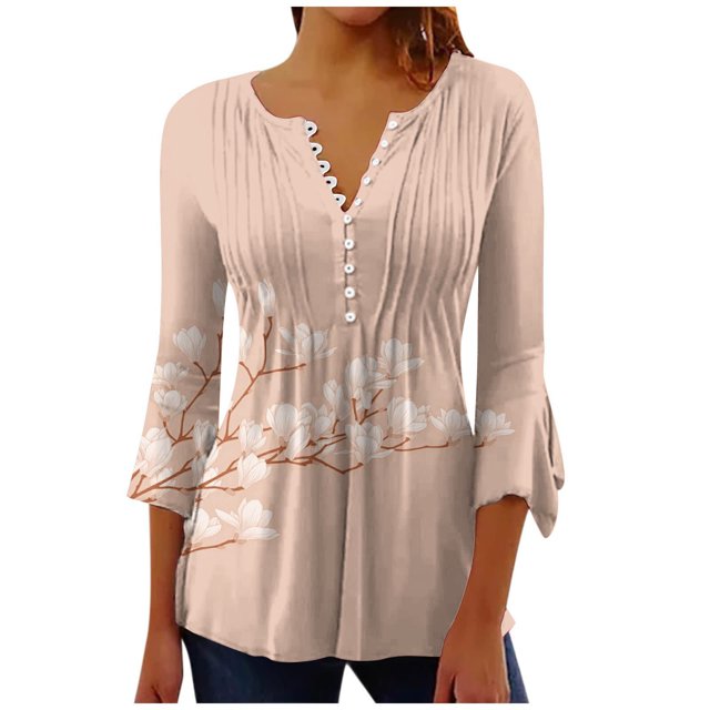 Pompotops Women's Casual Trumpet 3/4 Sleeve Printed Buttoned Basic Ruched Tops Pleated T-shirts Blouses On Sale