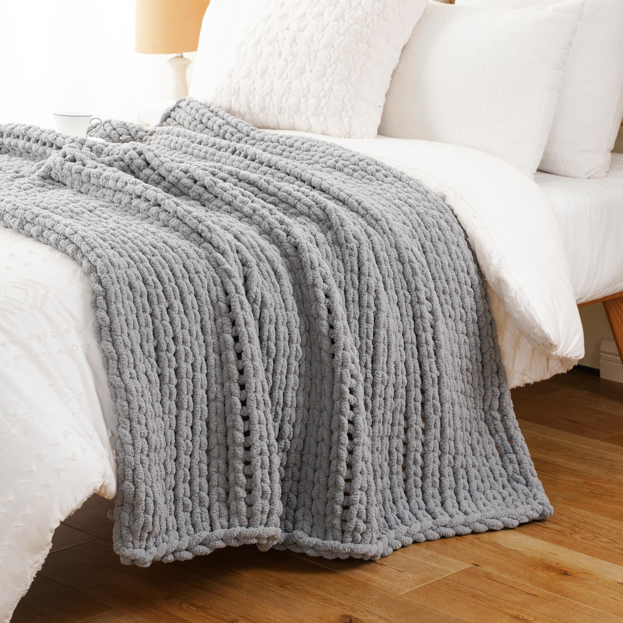 Battilo Light Grey Chunky Knit Throw Blanket,Handmade Cable Knit Crochet Blanket for Couch,50"x60"