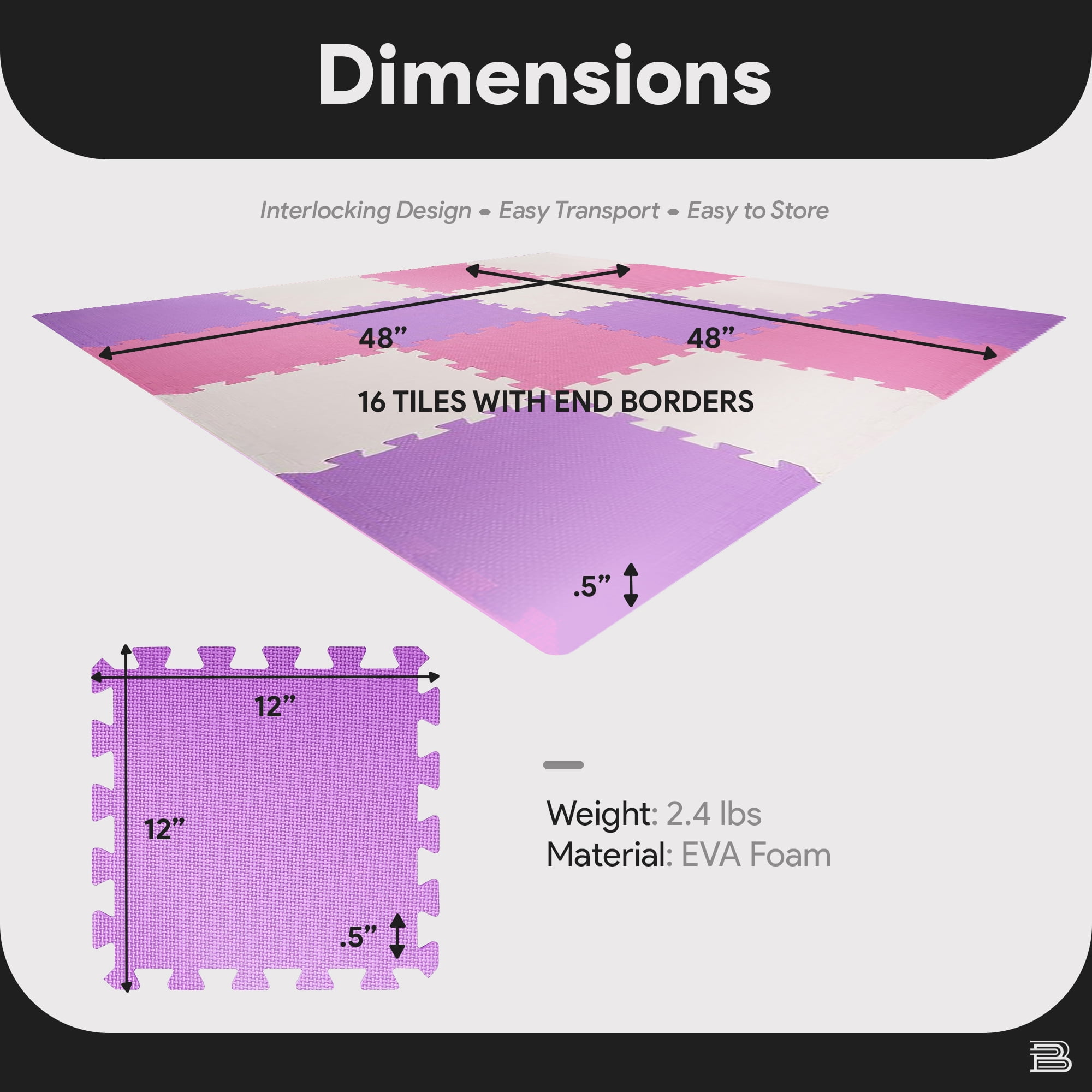 BalanceFrom 16-Pack 12”x12” Interlocking Puzzle Play Mat, 0.4” Thick, Pink/Purple/Beige