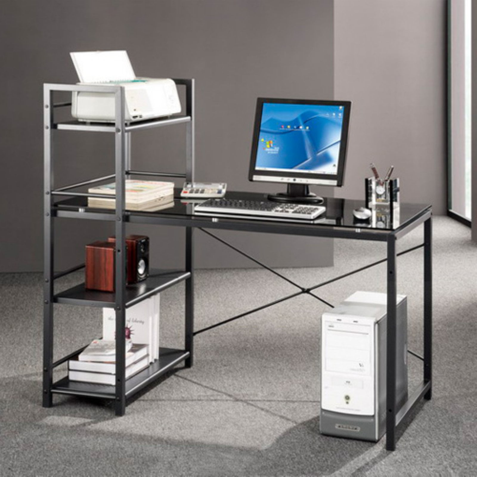 Techni Mobili Modern Smokey Gray Tempered Glass Top Computer Workstation With Shelves Grey