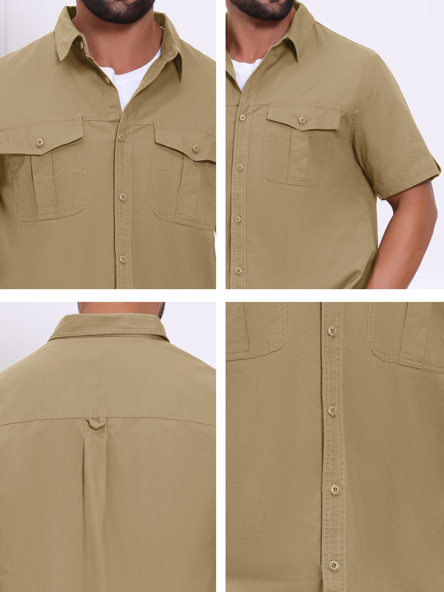 DARING DIVA Men's Fishing Shirt Summer Short Sleeve Hiking Cargo Shirts L Khaki