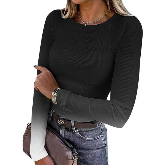 Sevevn Women's Elastic Casual Crew Neck Gradient Ribbed Knit Long Sleeve Tunic Dressy Tops Blouses Black M
