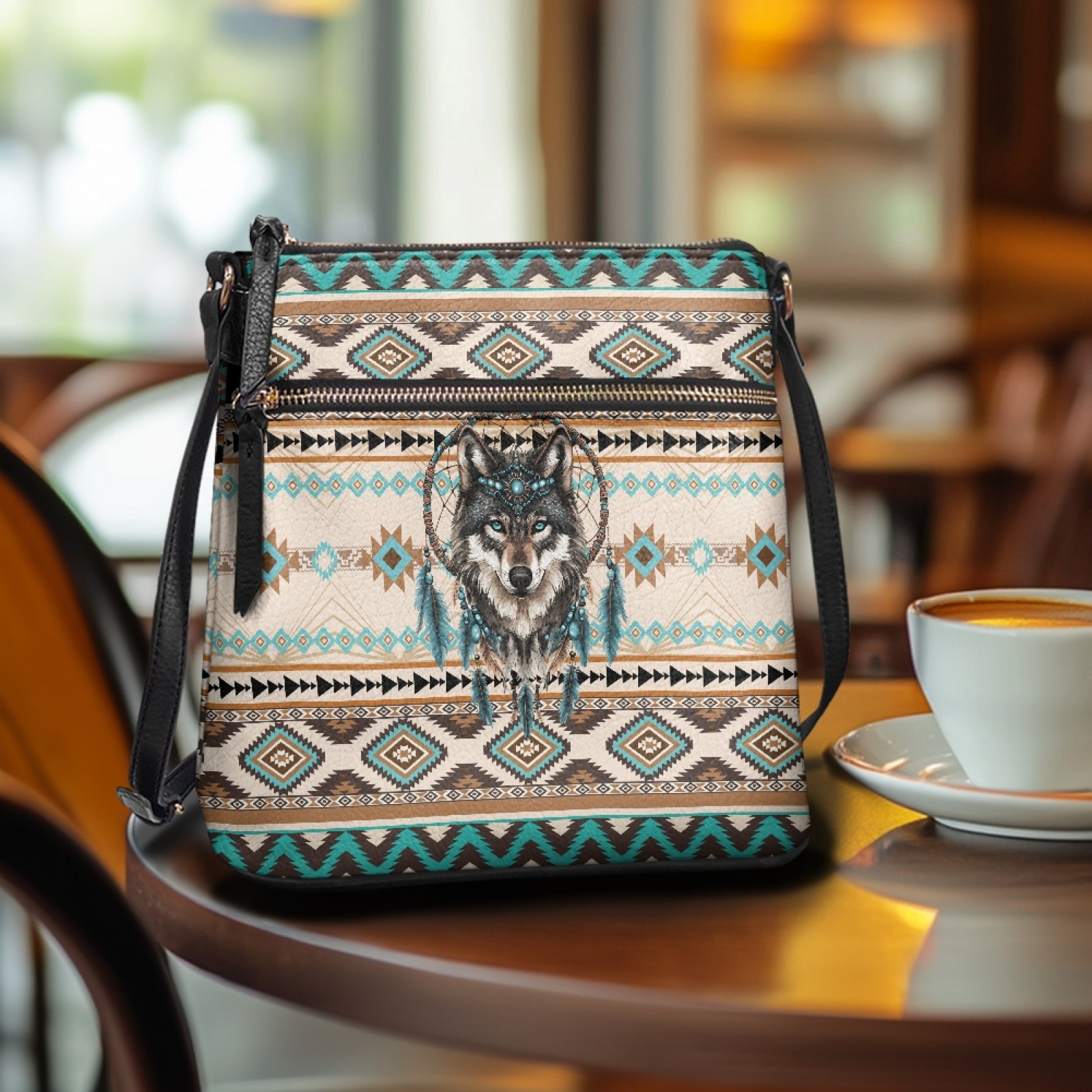 LedBack Aztec Wolf Dreamcatcher Hobo Purses for Women Medium Size Leather Crossbody Purse Bag with Adjustable Strap, Zipper Shoulder Bag Satchel Bag for Ladies for Travel Shopping, Beige