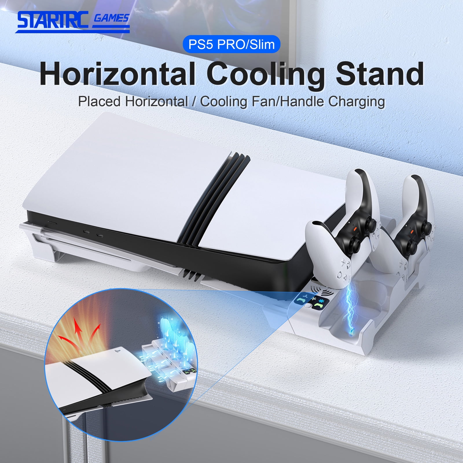 Horizontal Cooling Station for PS5 Slim/Pro Cooling Stand with Controller Charging Station for PlayStation 5 Slim/Pro Console Accessories Kit with 3 Level Cooler Fan (NOT Fit 2020 PS5)