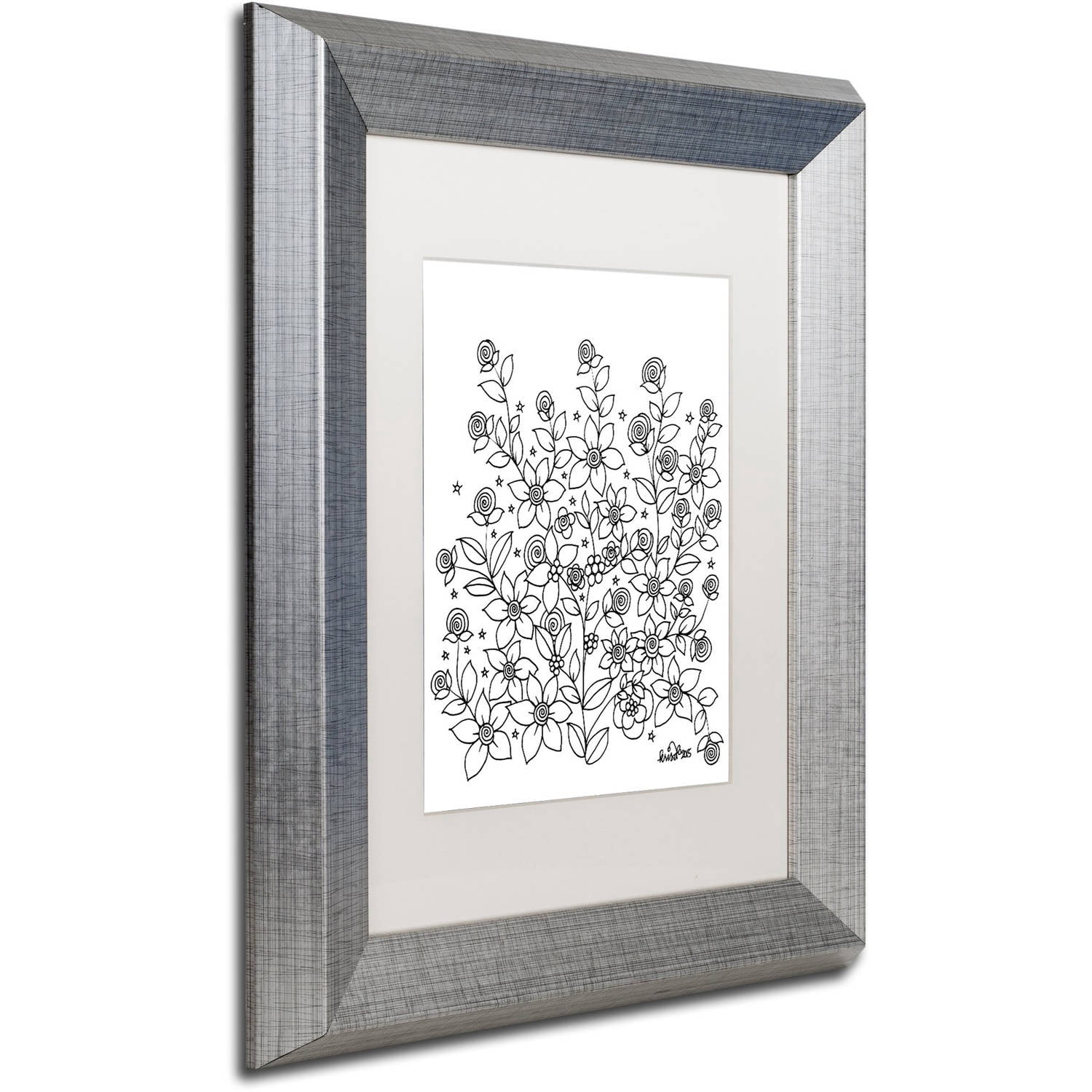 Trademark Fine Art "Simple Flower Doodle 2" Canvas Art by KCDoodleArt White Matte, Silver Frame