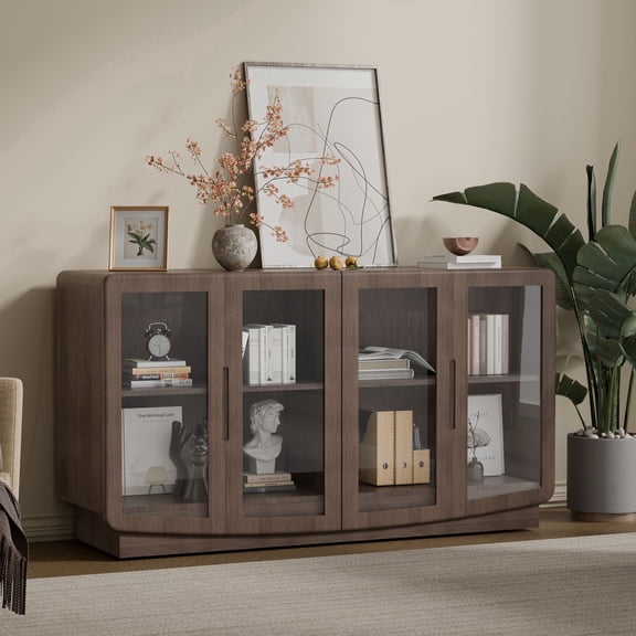 TopComfy 55-Inch Wood Storage Cabinet with Glass Doors Accent Sideboard Organizer Adjustable Shelves Large Capacity for Living Room Entryway Bedroom Natural