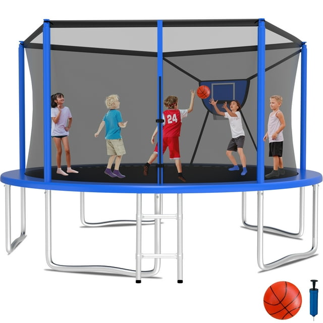 KOFUN 1400LBS 14FT Trampoline for Kids and Adults Outdoor Backyard Trampoline with Safety Enclosure Net, Removable Basketball Hoop, Ladder, A Ball, Blue