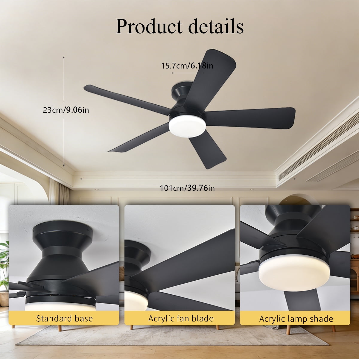 Ceiling Fans With Lights, 42 Inch Low Profile Ceiling Fan with Light and Remote Control, Modern Flush Mount Ceiling Fan With Timming, Dimmable 6 Wind Speed, for Bedroom Indoor/Outdoor Use, Black