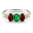 thumbnail image 2 of Gem Stone King 925 Silver and 10K Yellow Gold Green Nano Emerald Red Rhodolite Garnet and White Lab Grown Diamond Ring for Women | 1.42 Cttw | Size 5, 2 of 4