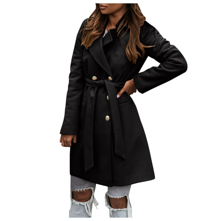 Sweaters Women'S Wool Thin Coat Trench Jacket Suit Collar Double-  Long-Sleeve Belt Woollen Coat Fall Sweaters Dress For Women Black Dresses  For Women