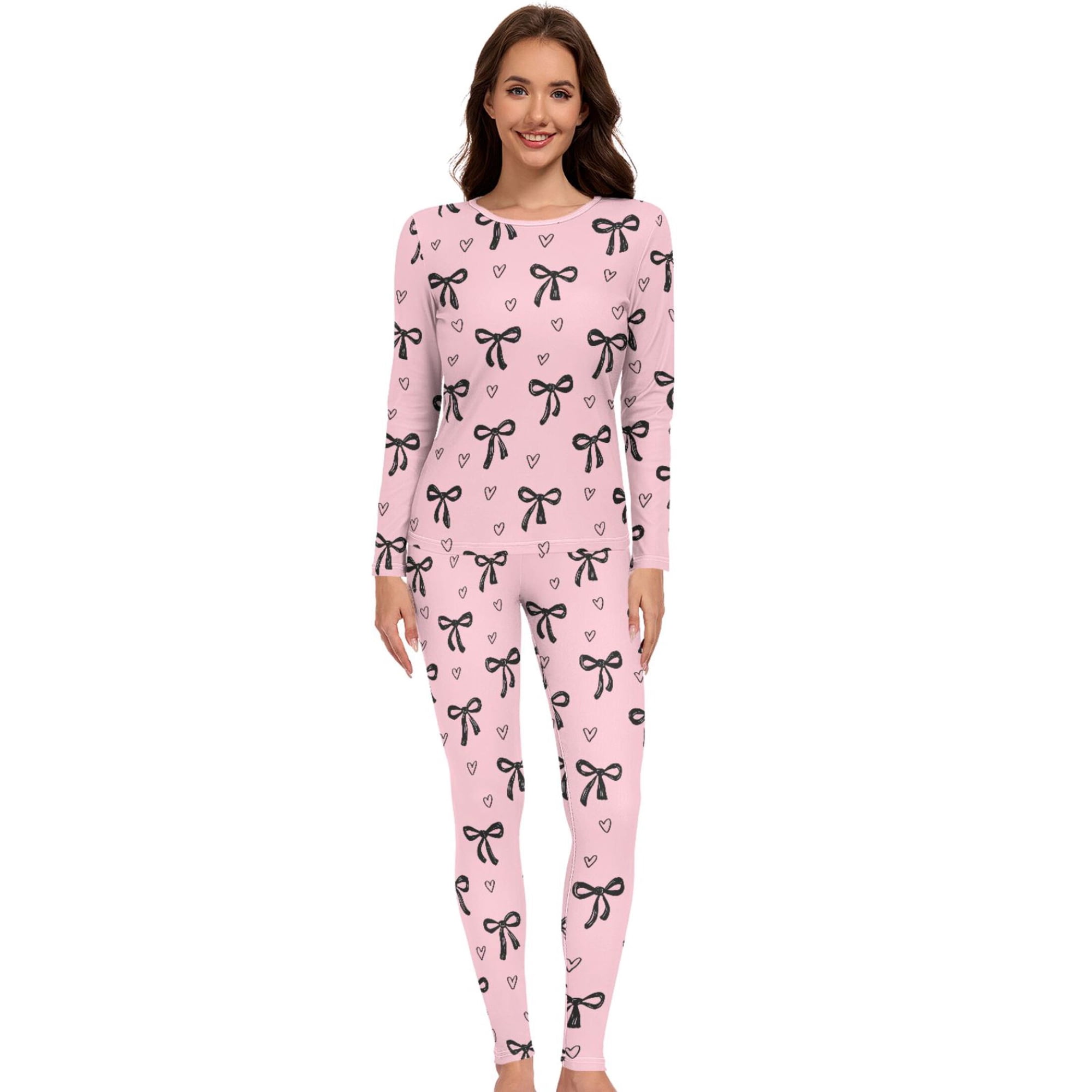 Women Black Bow Heart Thermal Underwear Set 2 Piece Base Layer X-Large
