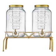 KFFKFF Set of 2 Glass Drink Dispensers with Metal Stand, 2-Gallon Capacity Each, Stainless Steel Spigot, Infuser, Ideal for Serving Beverages at Gatherings