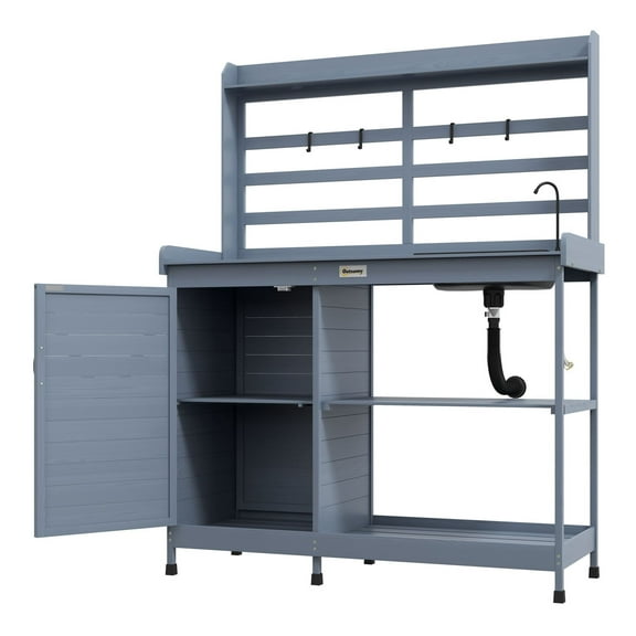 Wooden Potting Bench with Sink & Aluminum Top - Outdoor Gardening Workstation - Gray