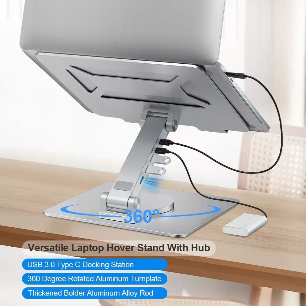 Laptop Stand with Docking Station, 5-Port USB Hub for MacBook Pro Air, Aluminum Alloy Height Adjustable Rotating Stand for Desk, Ergonomic Laptop Riser for Home Office Computer Accessories