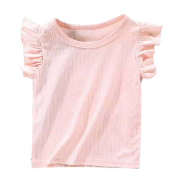 Hinvhai Chemises à Manches à Volants pour Filles en Liquidation Coton Mignon Hauts Col Rond T-Shirts d'Été Rose 2 Ans