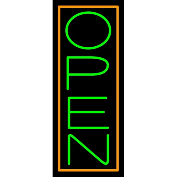 Orange Border With Green Vertical Open LED Neon Sign 15 x 6 - inches, Black Square Cut Acrylic Backing, with Dimmer - Bright and Premium built indoor LED Neon Sign for storefront.