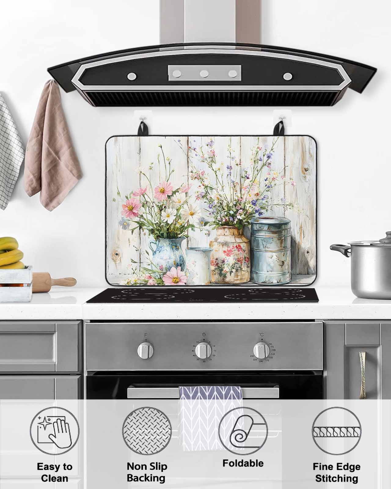nqOlkjepod Large Induction Cooktop Protector Mat 36"x21", Daisies Flowers Stove Top Covers for Electric Stove, Vintage Watercolor Plants Farmhouse Stove Burner Cover Mats, Glass Top Stove Cover