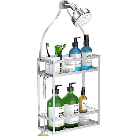 Meangood Shower Caddy Organizer,Mounting Over Shower Head Or Door,Extra Wide Space for Shampoo, Conditioner, and Soap with Hooks for Razors and More,10.5" x 4.5" x 22.4", Silver