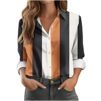DAFPZW Womens Button Down Casual Shirts Color Block Striped Blouse Tops Long Sleeve Collar Shirt Dressy Work Outfits Clothing