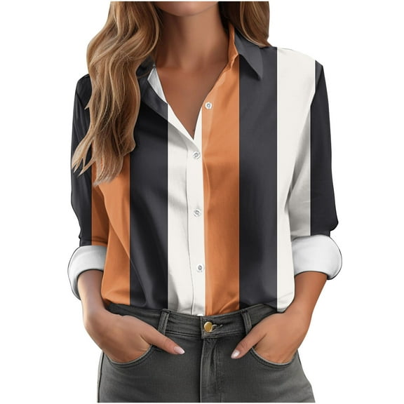 CLOISE Womens Shirts Fall Cute Striped Tees Lapel Long Sleeve Tops Oversized Button Up Color Block Dressy Casual Shirts Flowy Clothes Brown XL