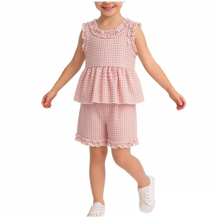 SGFCWSX Girls Summer Outfits 2 Piece Plaid Sleeveless Top and Ruffle Shorts Set Casual Daily Playwear for Kids Pink Size 3T