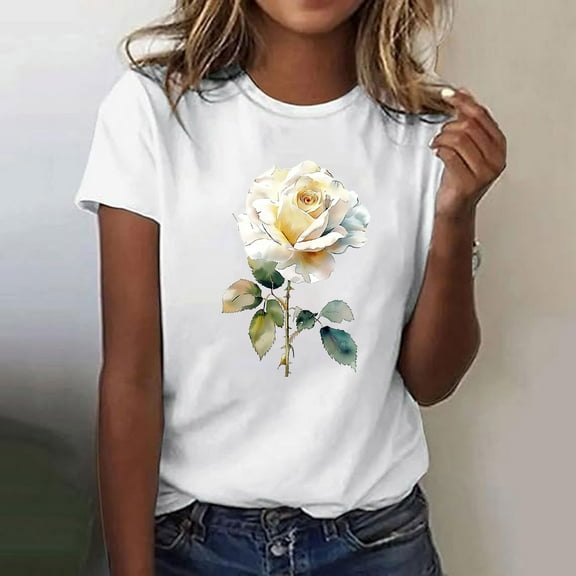 Womens T-shirts Short Sleeve Round Neck Floral Print T-shirt Multicolor XXL