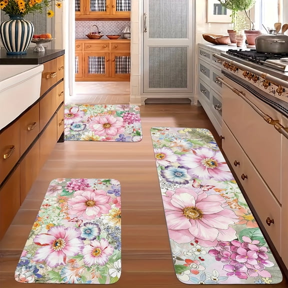 2/3-PC Spring Summer Kitchen Rugs, Colorful Floral Mats In Pink Purple Blue Yellow, Washable Non-Slip Plush Rugs For Bedroom, Living Room, Bathroom Entryway