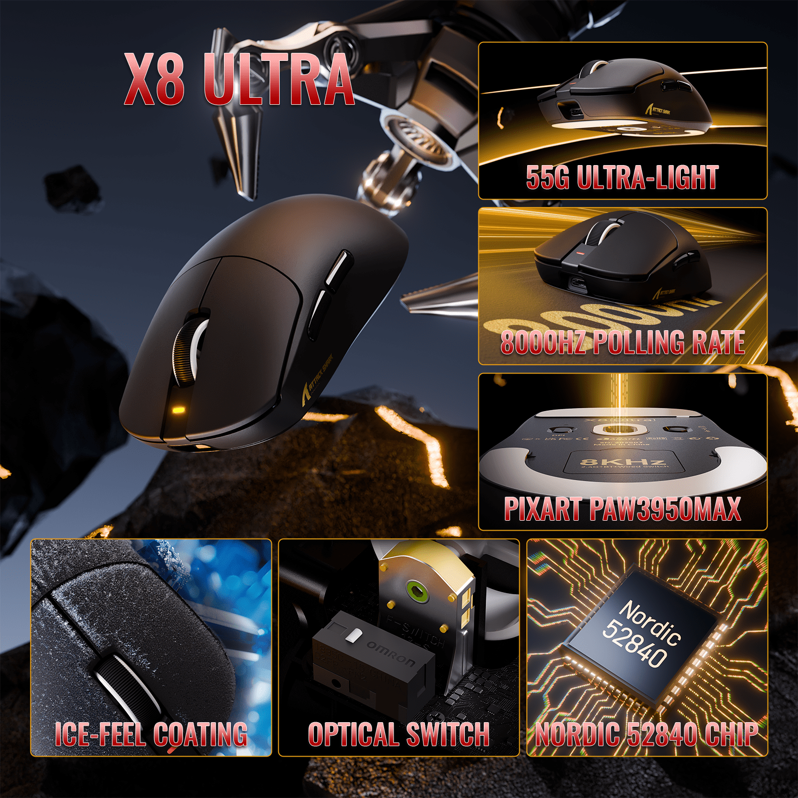 ATTACK SHARK X8ULTRA Mouse for Large Hand, Nordic52840 MCU, 55g SUPERLIGHT, PixArt PAW3950MAX Gaming Sensor, DPI up to 42000, Ice-Cool Nano Coating, BT/2.4G Wireless/Wired, 500mAh Battery (Black)