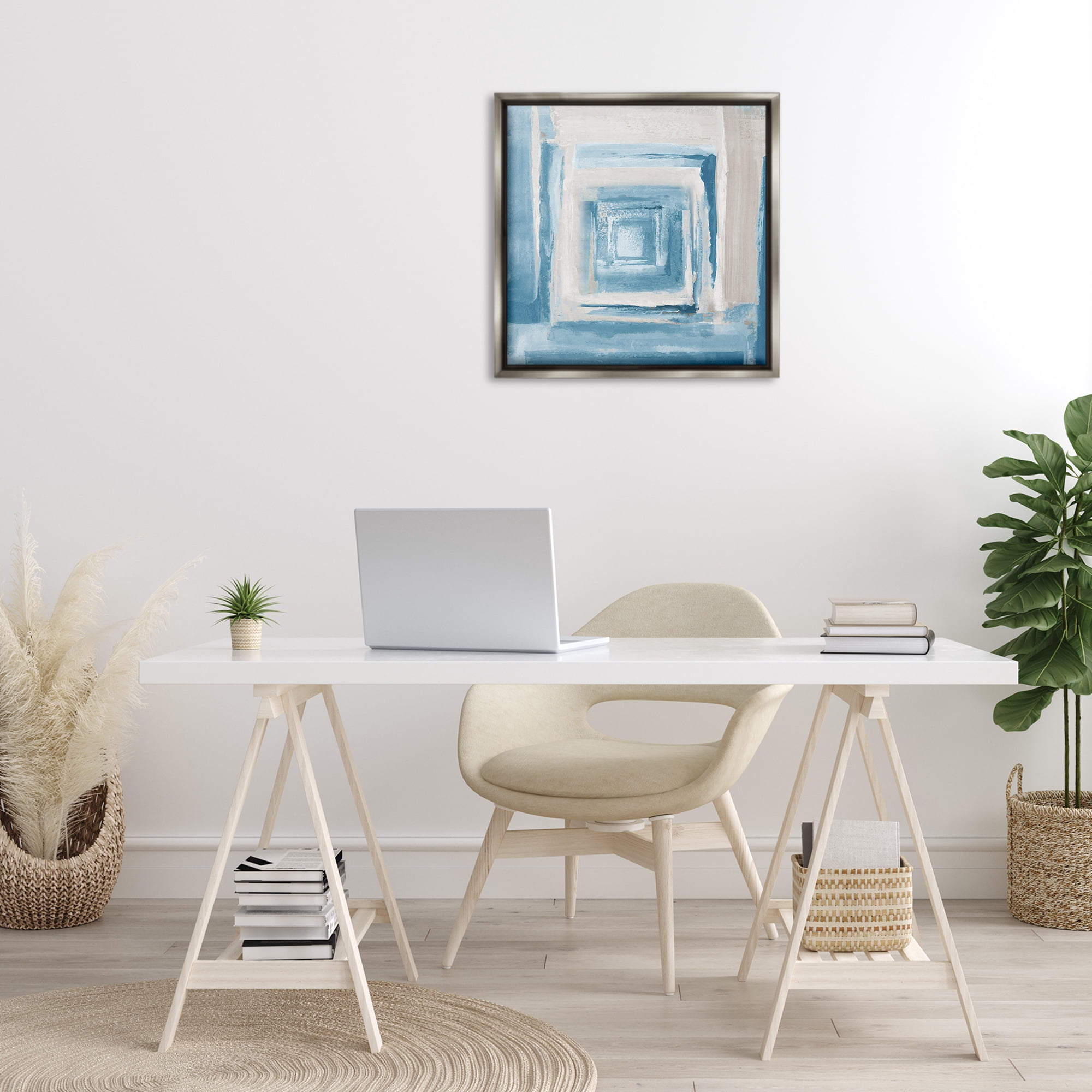 Stupell Industries Blue & Beige Squares Abstract Painting Gray Floater Framed Canvas Art Print Wall Art, 25 x 25