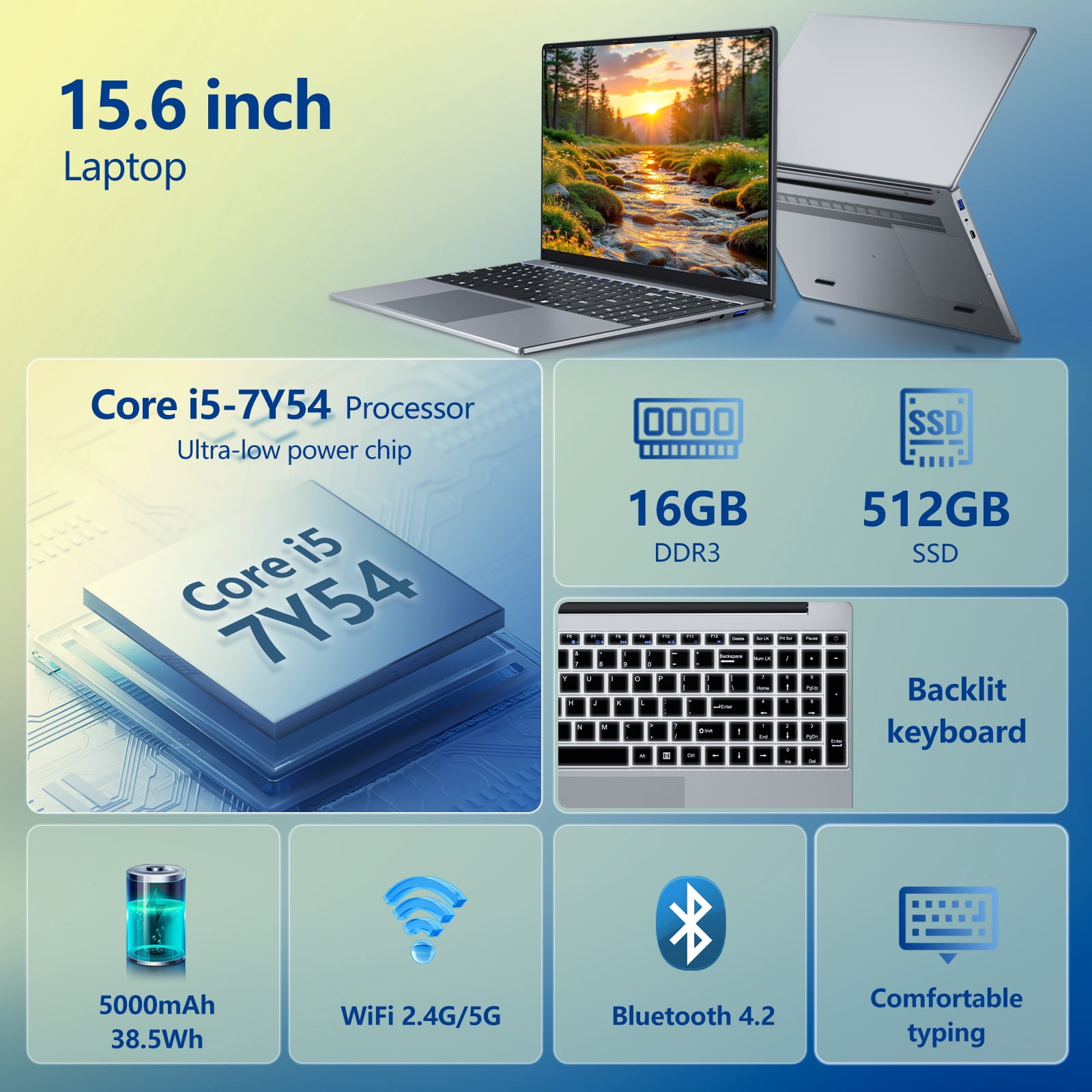 15.6 inch Laptop, Gaming Laptop i5 Processor, Laptop Computer with 16GB LPDDR4 512GB SSD, Silver Traditional Laptop Computers for Work & Study, 180° Angle Open, Dual-Band WiFi