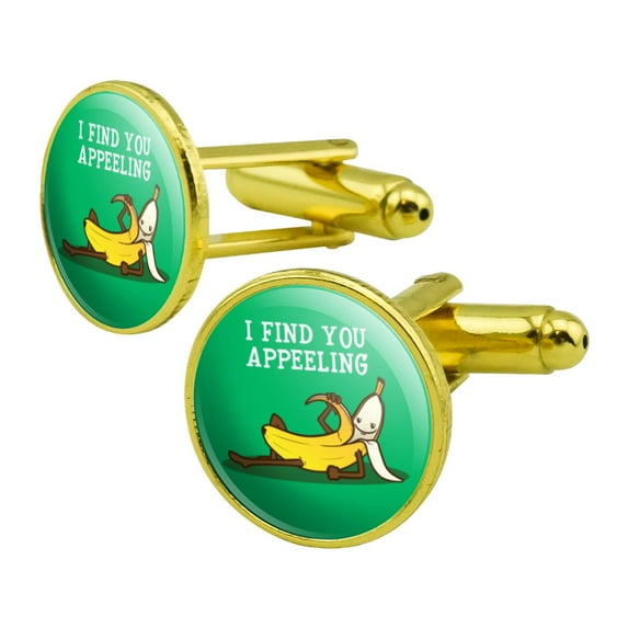 Banana I Find You Appeeling Funny Pun Round Cufflink Set Gold Color