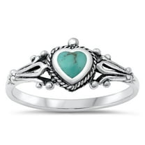 CHOOSE YOUR COLOR Vintage Heart Design Simulated Turquoise Ring .925 Sterling Silver Band Blue CZ Female Size 7
