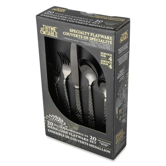 Thyme & Table 20-Piece Stainless Steel Black Medallion Flatware Set, Luxe Collection