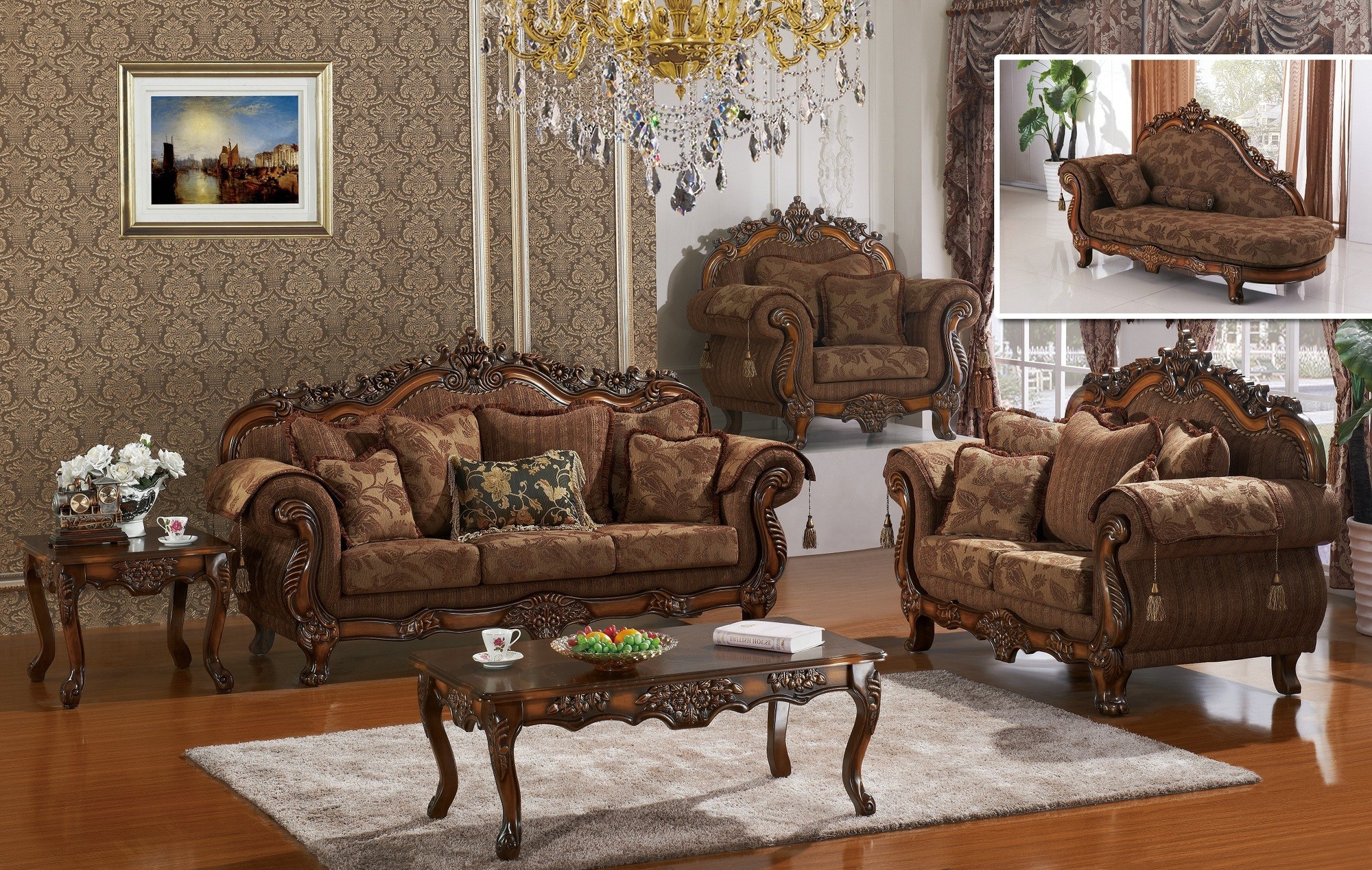 3pcs Sofa Set Made in USA Living Room Furniture Cherry Finish Traditional Sofa Loveseat Chair 