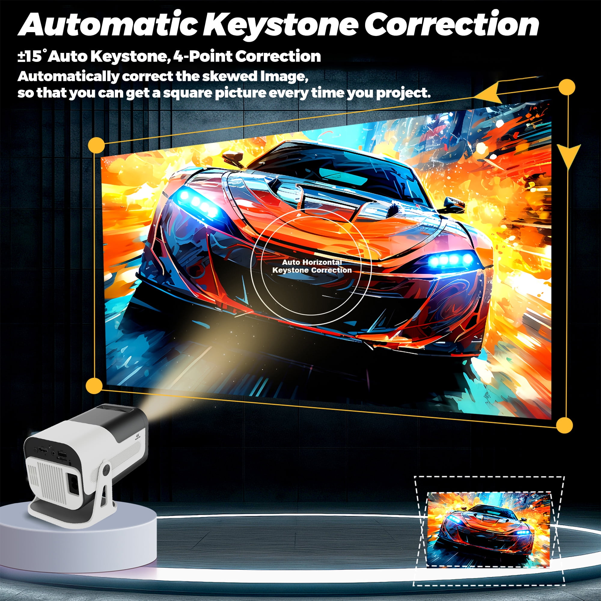BDQ Mini Portable Projector, Support 4K 1080P with Dual-Band WIFI6 5G Wireless 5.0 Bluetooth Android 13, 180° Rotatable, Auto Keystone Correction, 35"-130" Screen Video Projector