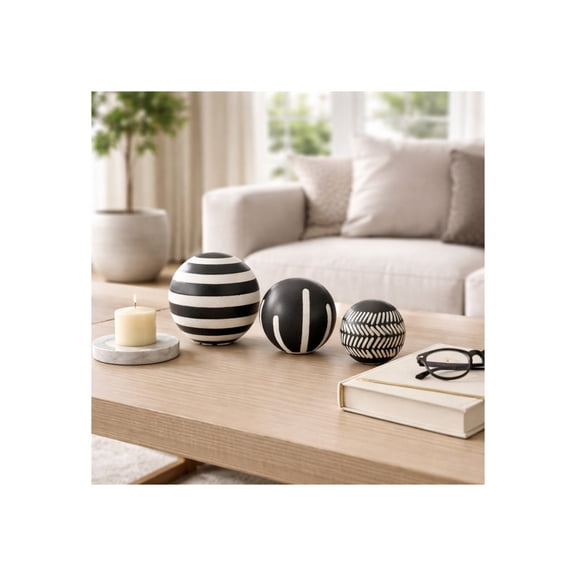 Patterned Ceramic Orbs for Shelf Home Decor - Geometric Sculpture for Bathroom, Office, and Living Room Centerpiece - Ornaments Accent for Coffee Table Display - Set of 3, 6", 5", 4", Black & White