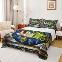 Homewish Rustic Bass Fish Full Size Sheets for Men, Rustic Wooden Plank Bed Sheets, Western Countryside Sheet Sets, Microfiber Bedroom Decor, 4pcs